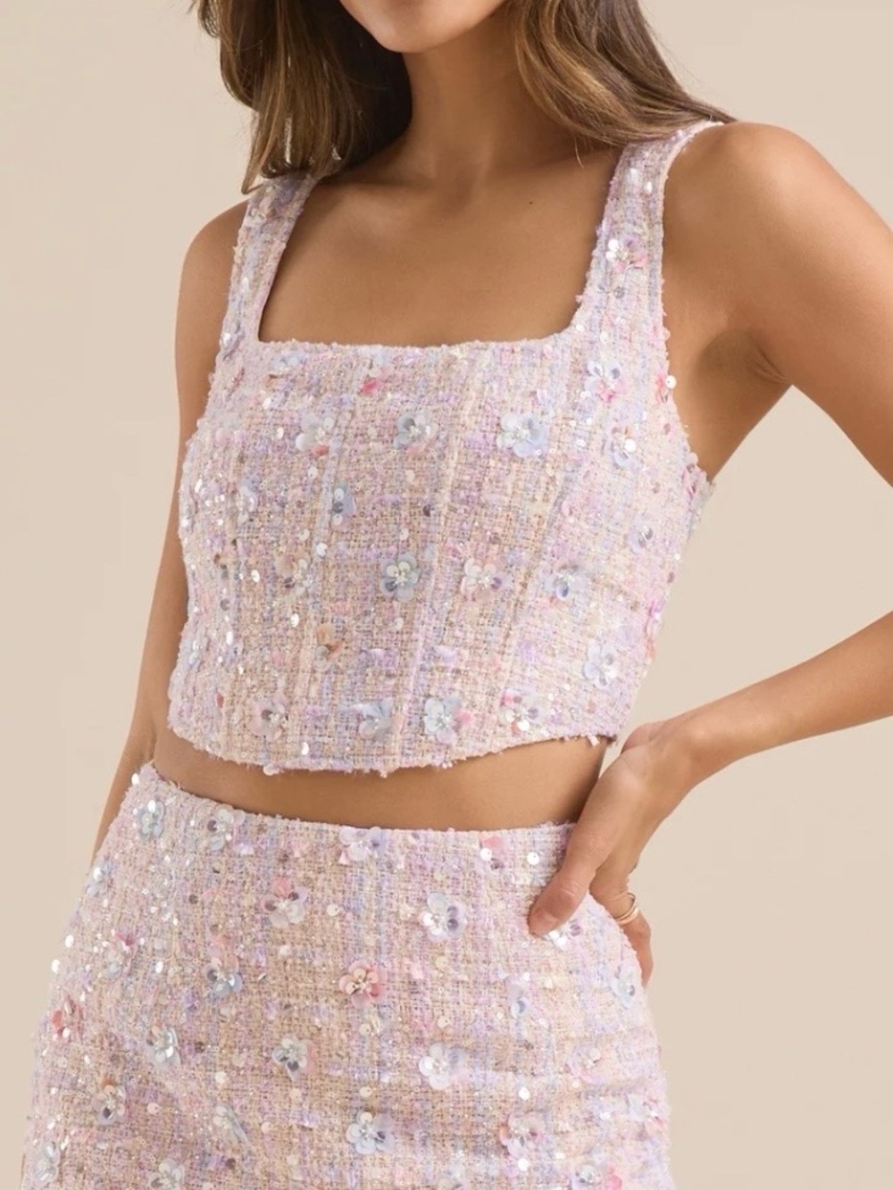 Altar'd State Pastel Tweed Sequin Floral Corset Crop Top - Pink/White